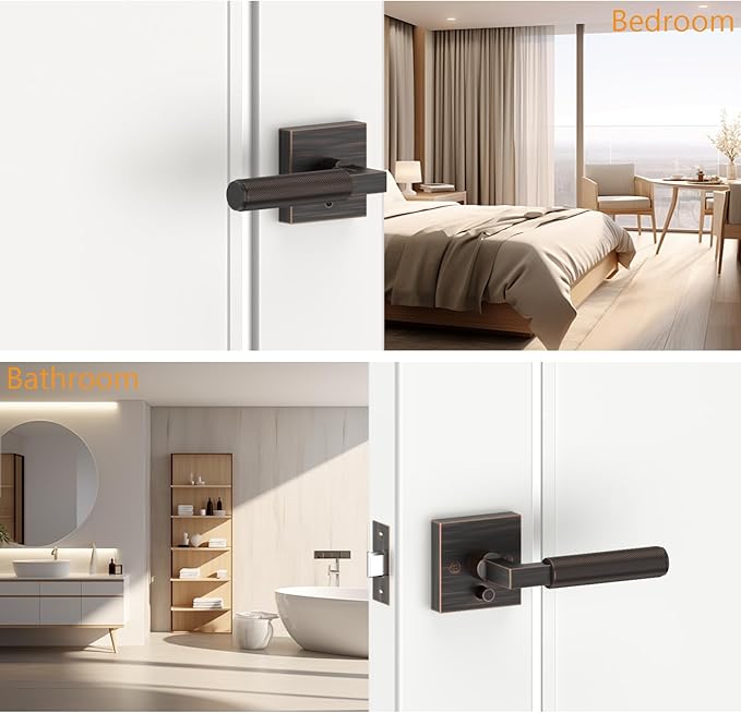 Amerdeco 1 Pack Privacy Door Handles, Oil Rubbed Bronze Interior, Knurled Lever, Heavy Duty for Bedroom and Bathroom, Reversible Keyless for Right & Left Side AM0021