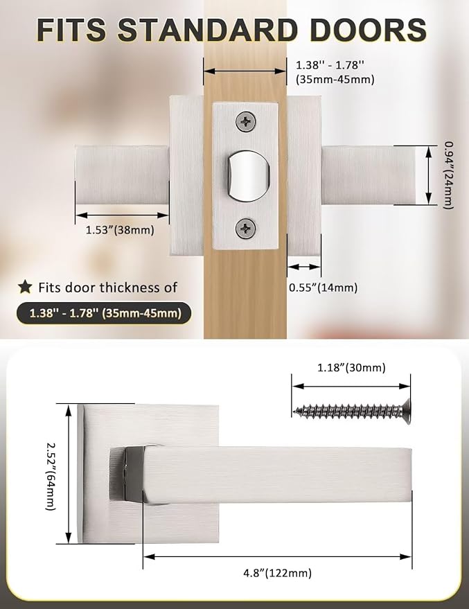 2 Pack Brushed Nickel Passage Door Levers Interior Door Handles, Heavy Duty Closet Hallway Door Handle Sets