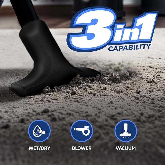 Koblenz WD-2L Portable Wet Dry Vacuum, 2-Gallon 2 PHP Suction Plus Blower Vacuum Cleaner for Liquids, Dust, Pet Hairs, 10' Reach, Ideal for Home, Car, Garage, Shop, Accessories Included, Blue/Black