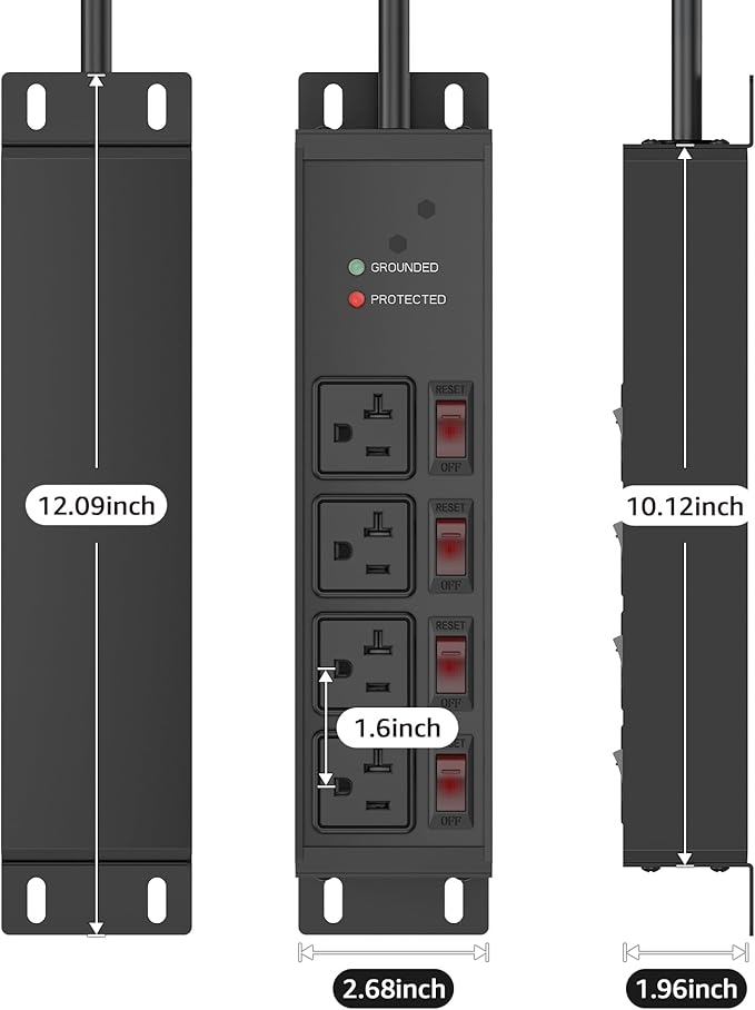 CCCEI Heavy Duty Surge Protector Power Strip 20 Amp Individual Switches. 25FT 12 Gauge Extension Cord with Multiple Outlets. Kitchen, Garage, Shop, Industrial Wall Mount Electric Extender, Black.