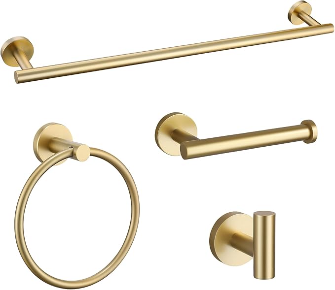 Brushed Gold Bathroom Hardware Accessories Set 4 Pieces Towel Bar Set Modern Round Towel Ring 19.68 in Towel Bar Towel Hook and Toilet Paper Holder Stainless Steel Wall Mounted
