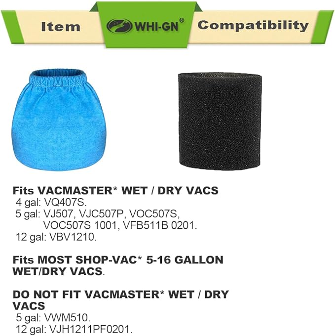 8 Pack VRC5 Cloth Bags for Vacmaster 4 to 16 Gallon Wet/Dry Vacuums + 2 Pack VFF51 Foam Filters, VRC51 Shop Vac Replacement Dust Filter Bags Kit