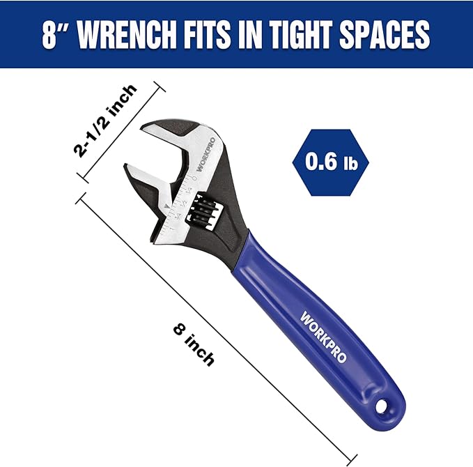 WORKPRO 8-Inch Adjustable Wrench, Cr-V Steel Wide Jaw Black Oxide Wrench, Metric & SAE Scales, for Home, Garage, Workshop and DIY