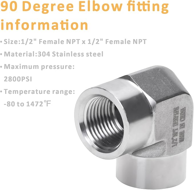 90 Degree Street Elbow - 1/2" NPT Female to 1/2" NPT Female Stainless Steel 304 Heavy Duty Forged Barstock Street Elbow Adapter Pipe Fitting (pack of 5)