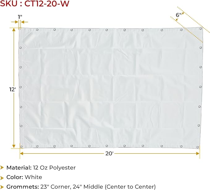 Mytee Products 12' x 20' White Canvas Tarp 12oz - Water Resistant & Breathable - Heavy Duty Tarps - Multipurpose Tarpaulin Cover for Camping Tent