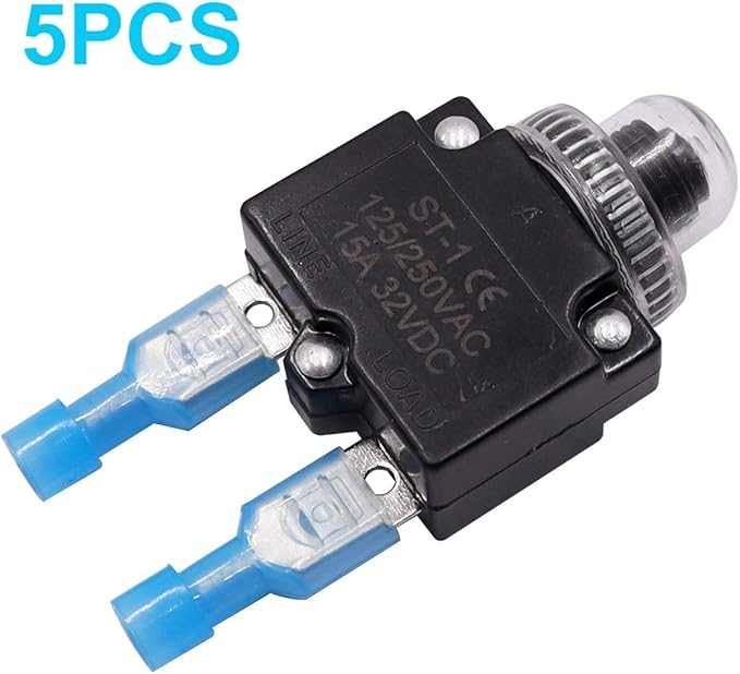 mxuteuk 5Pcs 15Amp Circuit Breakers Push Button Manual Reset 125/250V AC 32V DC,Overload Protector Switch Thermal Circuit Breakers with Quick Connect Terminals and Waterproof Button Caps ST1-5-15A