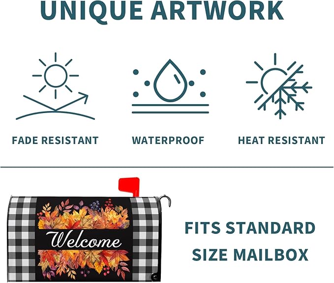 Fall Thanksgiving Maple Leaves Buffalo Plaid Mailbox Covers Magnetic Autumn Harvest Seasonal Holiday Welcome Post Letter Box Cover Standard Size 25.5x21 Inch for Garden Yard