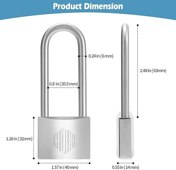 HOX Marine-Grade Rustproof Padlock, Stainless Steel Shackle & Chrome-Plated Brass Body, Weatherproof Outdoor Lock, 2.5-Inch Long Shackle (6 Pack)