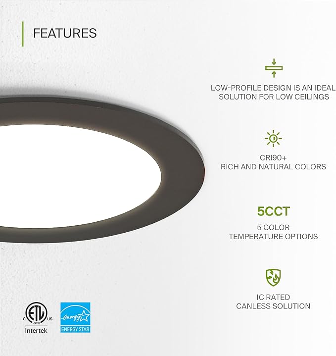 ASD 6 Pack LED Recessed Lighting 6 Inch 12W, 5 CCT 2700K-5000K CRI90+, IC Rated Ultra Thin Dimmable Ceiling Lights with J Box, Canless Wafer Downlight, Round Slim Panel Light, Energy Star ETL, Bronze