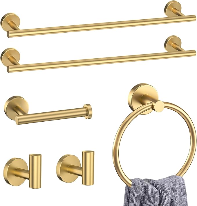 Brushed Gold 6 Pieces Bathroom Hardware Accessories Set Gold Towel Bar Set,Modern Towel Holder Set for Bathroom,Stainless Steel Towel Rack Set Wall-Mounted 23.6 Inch