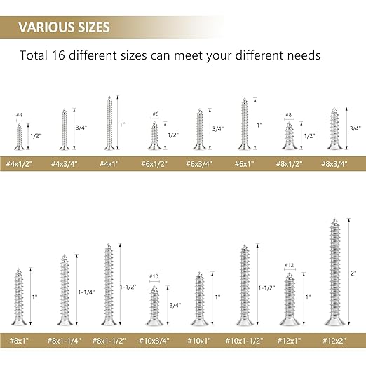 527 Pieces #4#6#8#10#12 Phillips Countersunk Head Self-Tapping Screws, Wood Screws Assortment Kit, 304 Stainless Steel