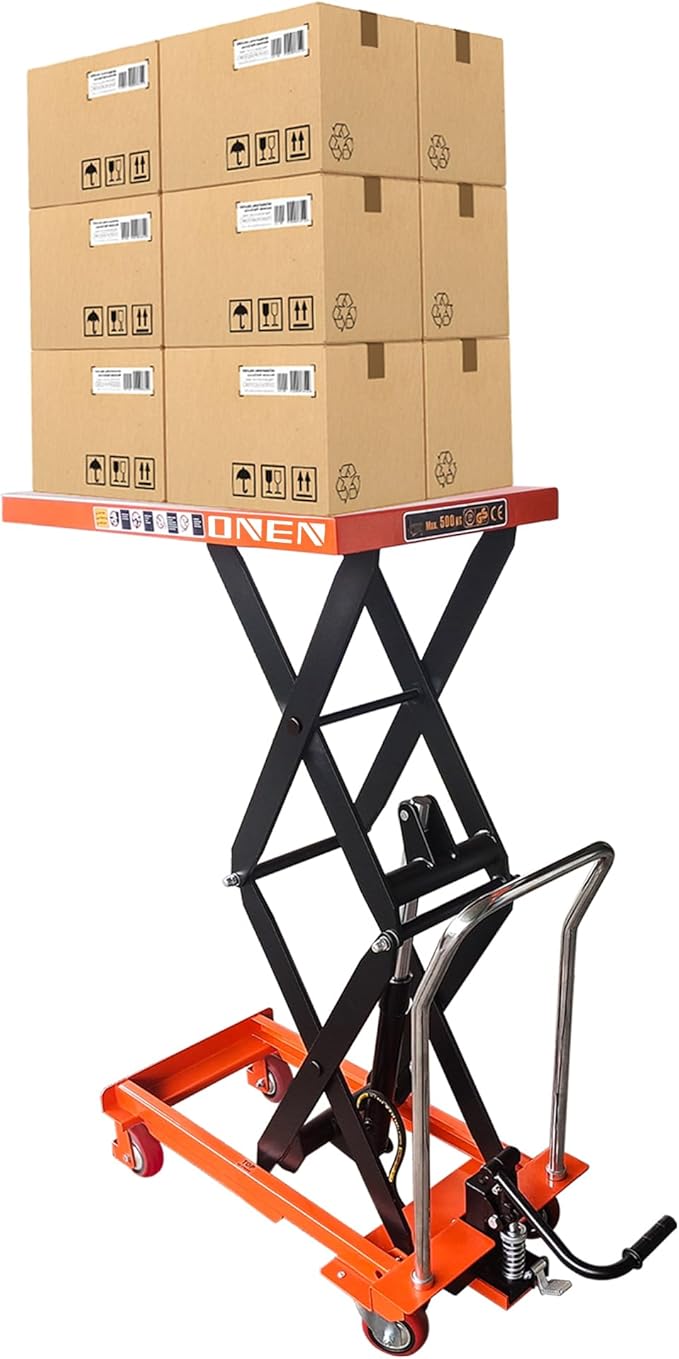 ONEN Hydraulic Scissor X-Frame Lift 1102 LBS Lifting Capacity, 59 in Lifting Height, Manual Scissor Lift Table with 4 Lockable Wheels & Foot Pump, Elevating Hydraulic Cart for Material Handling