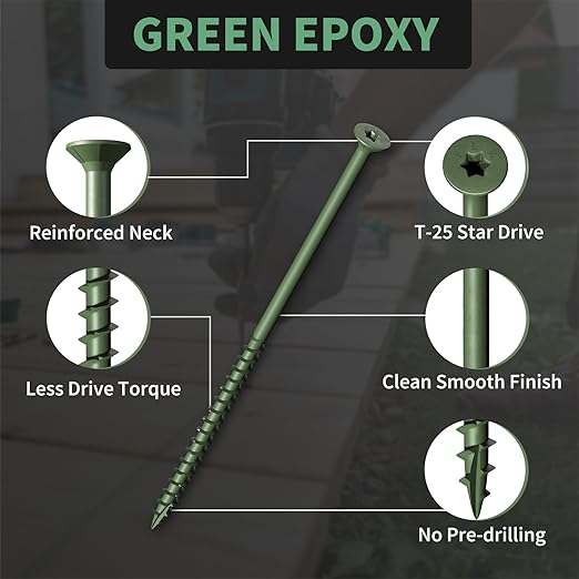 Wood Screws 5 Inch, FIXLINK Deck Screws #10 x 5, 105 PCS, Epoxy Coated, T25 Star Bit Above 1500 Hour Salt Spray Coating Outdoor Decking Screws Excellent Rust Resistant for Wood Fence, Green