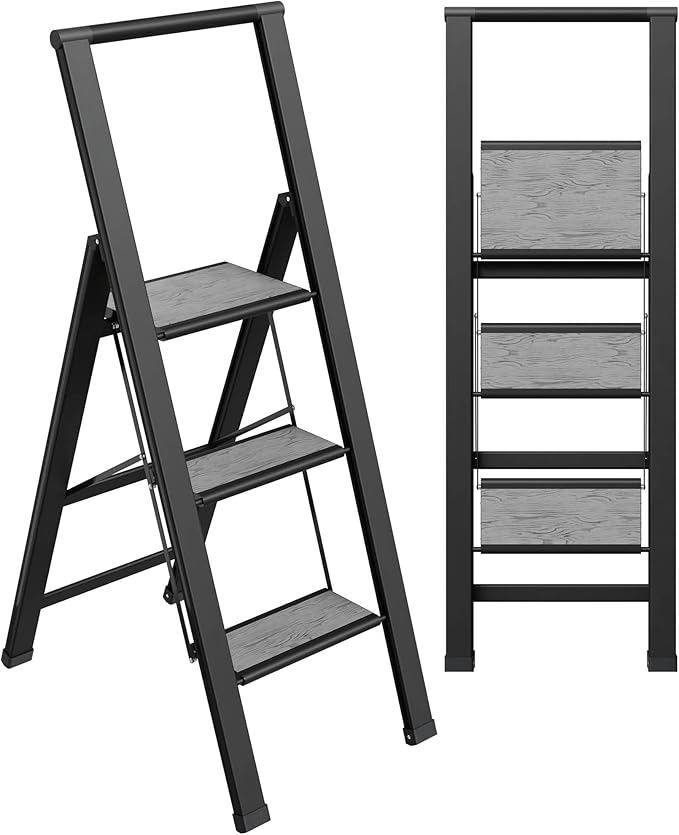 Step Ladder 3 Step Folding, Decorative - Beautiful Gray Wood & Black Aluminum, Ultra Slim Profile, Anti Slip Steps, Sturdy-Portable for Home, Office, Kitchen, Photography Use,by SORFEY