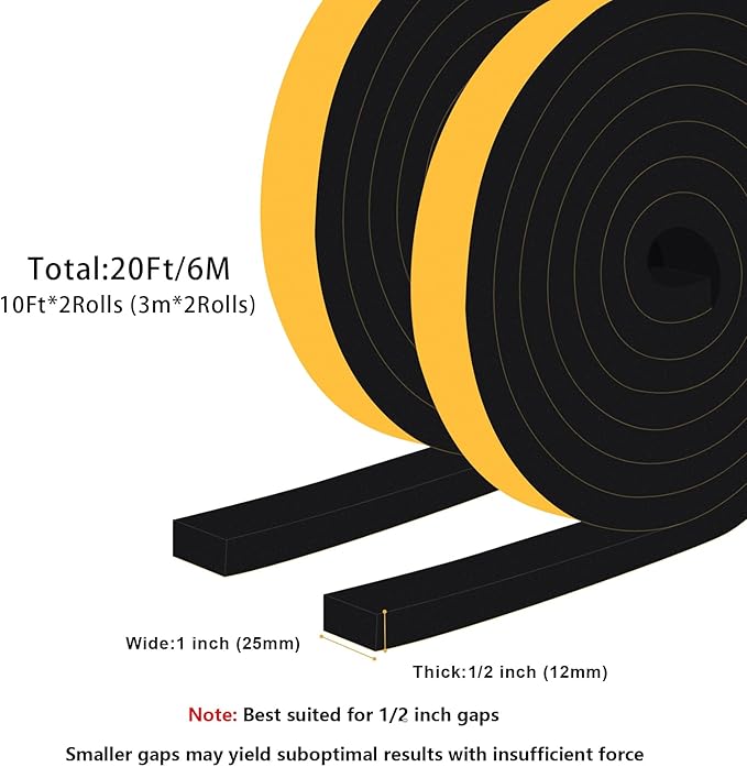 High Density Foam Weather Stripping Door Seal Strip Insulation Tape Roll for Insulating Door Frame, Window, Air Conditioner Self Adhesive Sealing Weatherstrip Dustproof (1 in x 1/2 in x 20 Ft)
