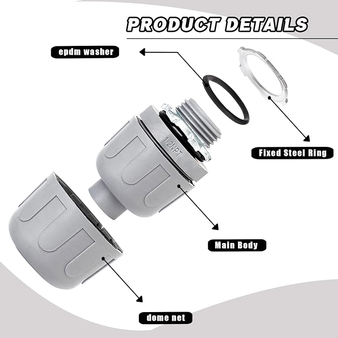 (100 Pack) 1/2 inch Liquid Tight Connector PVC Flexible Conduit Connector,Straight 180 Degree UL Listed Liquid Tight Connector, Non-Metallic Electrical Conduit Fittings