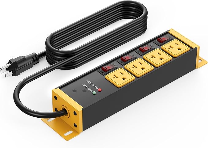 CCCEI Heavy Duty Surge Protector Power Strip 20 Amp Individual Switches. 20FT 12 Gauge Extension Cord with Multiple Outlets. Kitchen, Garage, Shop, Industrial Wall Mount Electric Extender, Yellow.