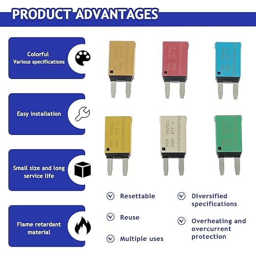 BOJACK ATM Auto Reset Fuse Low Profile Mini Blade Fuses T1 14V DC 5A 10A 15A 20A 25A 30A Amp Automotive Circuit Breaker Fuses Boat Marine RV Car Truck (6 pcs Mixed