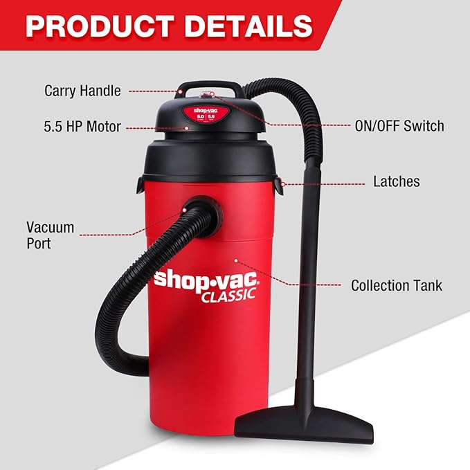 Shop-Vac 5 Gallon 5.5 Peak HP Wet/Dry Vacuum, Wall Mountable Compact Shop Vacuum with 6-23' Extra Long Hose & Attachments, Ideal for Jobsite, Garage, Car & Workshop. 9522236