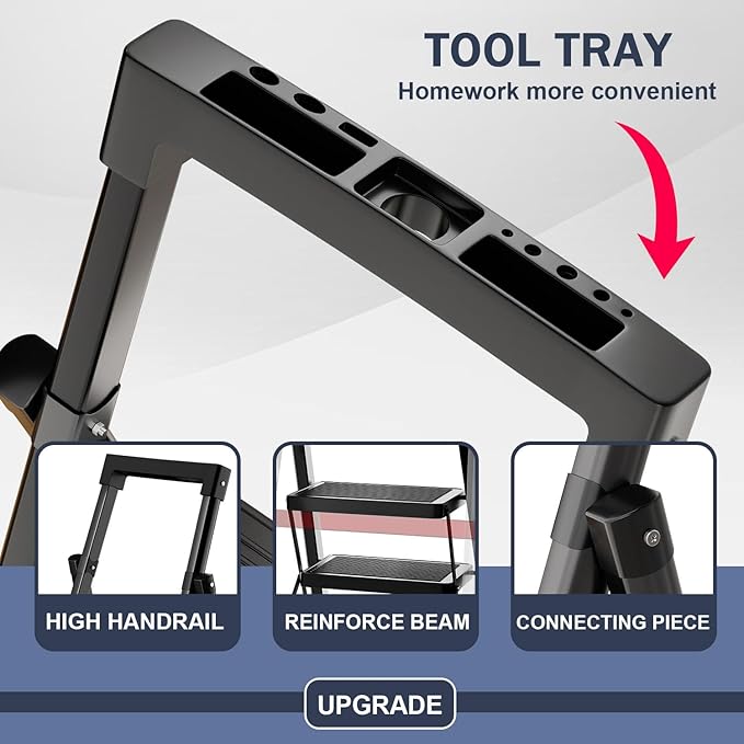 5 Step Ladder with Tool Tray,Portable Step Tool 330lb Load,Folding Step Ladder with Anti-Slip Widen Pedals,Handrail,Safe-Lock Design Carbon Steel Step Ladder for Painting Outdoor Garage+1