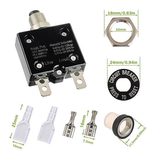 30A Manual Reset Push Button Circuit Breaker 125/250V AC 50V DC Thermal Overload Protector with Quick Connect Terminals and Waterproof Button Caps Assortment Kit(Pack of 2 pcs)