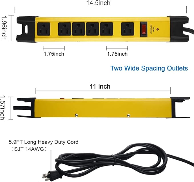 CCCEI Heavy Duty Power Strip Surge Protector with 15A, 6 Plug Industrial Shop Workshop Garden Metal Multiple Outlets, 6FT Extension Cord 1200 Joules ETL Listed, Yellow