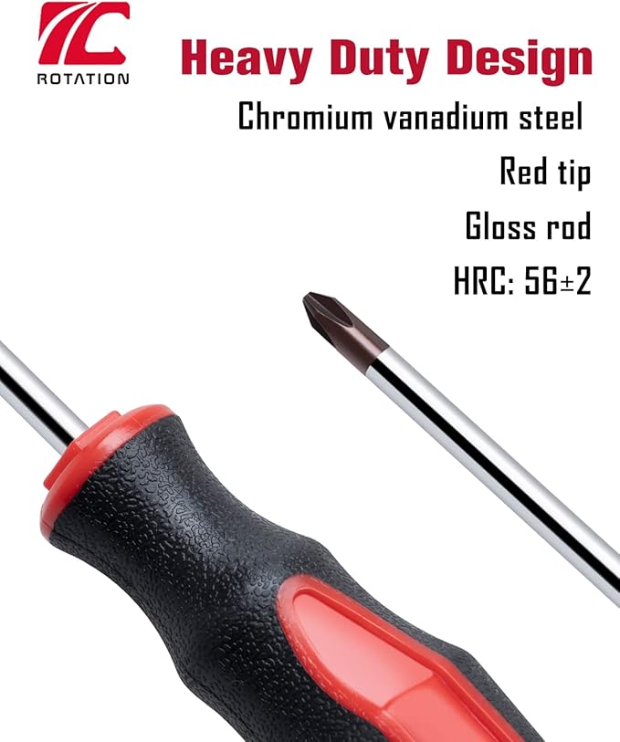 ROTATION 8-Piece Magnetic Screwdrivers Set with red tip, 4 Phillips and 4 Slotted Tips, Professional Cushion Grip Screwdriver Set with High Torque
