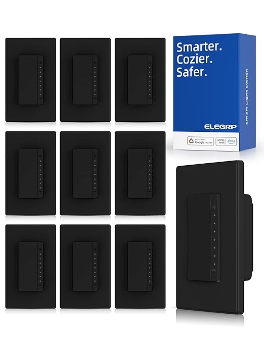 ELEGRP Single Pole Smart Dimmer Light Switch DPR10, 2.4GHz Wi-Fi Dimmer Switch Compatible with Alexa and Google Assistant, Needs Neutral Wire, No Hub Required, UL and FCC Listed, Black, 10 Pack