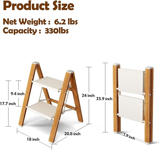 Taranta 2 Step Ladder,Aluminum Lightweight Folding 2 Step Stool with Anti-Slip Wide Pedal, 330lbs Capacity Step Ladder for Household,Kitchen,Office - White Woodgrain