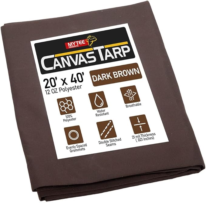 Mytee Products 20' x 40' Dark Brown 12oz Canvas Tarp with Grommets - Water Resistant - Heavy Duty Canvas Tarps - Multipurpose Tarpaulin Cover for Canopy Tent, Roof, Camping, Semi Trucks & Cargo