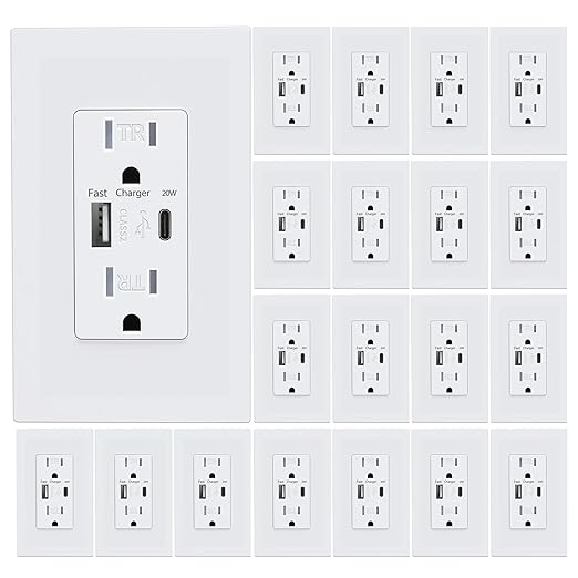 USB Wall Outlet, Charger Outlets Receptacles with 4.2A USB C Ports, 15 Amp Duplex Tamper Resistant Receptacle Plug with USB Electrical Outlet, Wall Plate Included, ETL Listed,White, 20 Pack