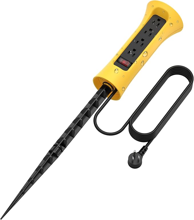 CCCEI Outdoor Power Strip Weatherproof with Stake, Waterproof Extension Cord with Multiple Outlets, Christmas Exterior Garden Decor, Yard, Camping, 4 Plugs, Surge Protector 10FT, Yellow.