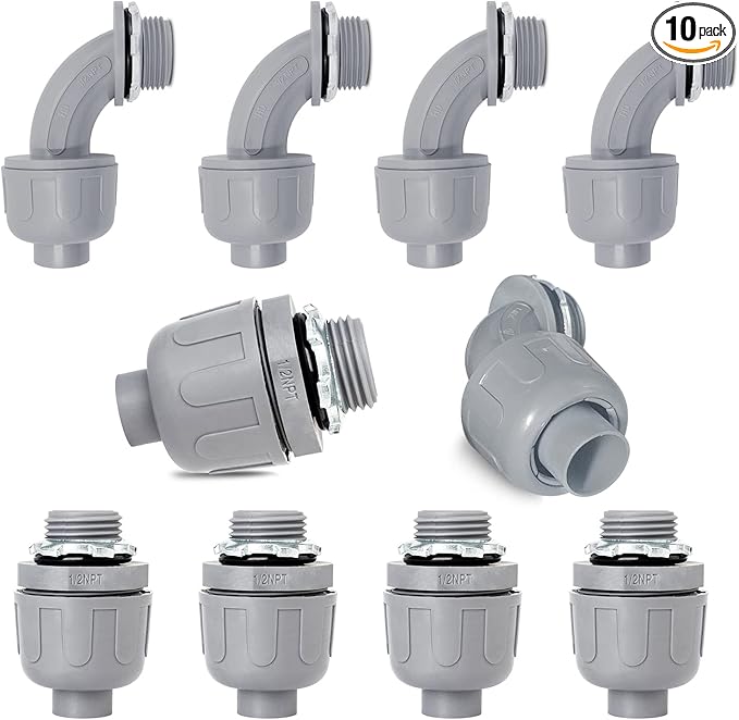 1/2 inch Liquid Tight Connector PVC Flexible Conduit Connector UL Listed Liquid Tight Conduit Fittings 10 Pack (5 pcs 180D/5 pcs 90D)