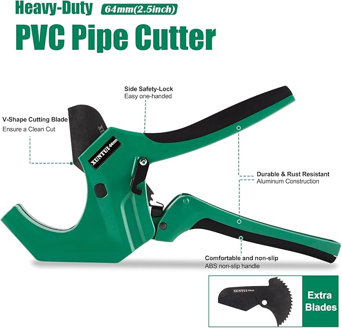 PVC Pipe Cutter for Sch 40 PVC Pipe with extra blade,Up to 2-1/2" Ratchet Pipe Cutter Pex Cutting Tool for Cutting PEX, PVC, PPR Plastic Hoses and Plumbing Pipe (Dark Green,inch64mm)