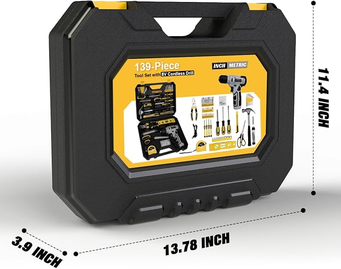 139-Piece Tool Set - Tool Kit with 8V Cordless Drill Driver in ToolBox Storage Case, General Household Drill Set for Home Repairs, Handyman, DIY Projects
