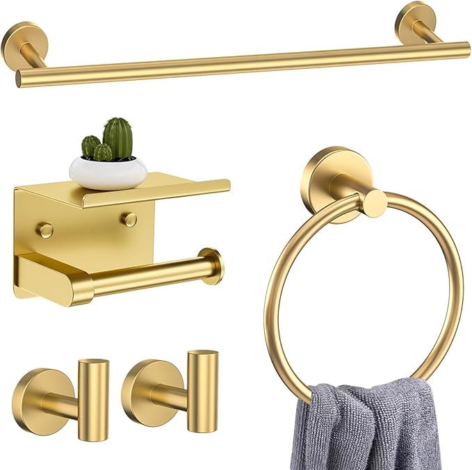 5-Piece Towel Bar Set Brushed Gold Bathroom Hardware Accessories Set Includes Multi-Purpose Toilet Paper Holder,Towel Holder Sets for Bathroom Stainless Steel Wall-Mounted 23.6in