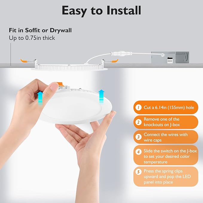 BesLowe 4 Packs 6 Inch 5CCT LED Recessed Ceiling Lights Ultra-Thin with Junction Box, 12W 150W Eqv, 3000K/3500K/4000K/5000K/6500K, 1200LM Dimmable Canless Downlights for Kitchen Hallway Dining Room