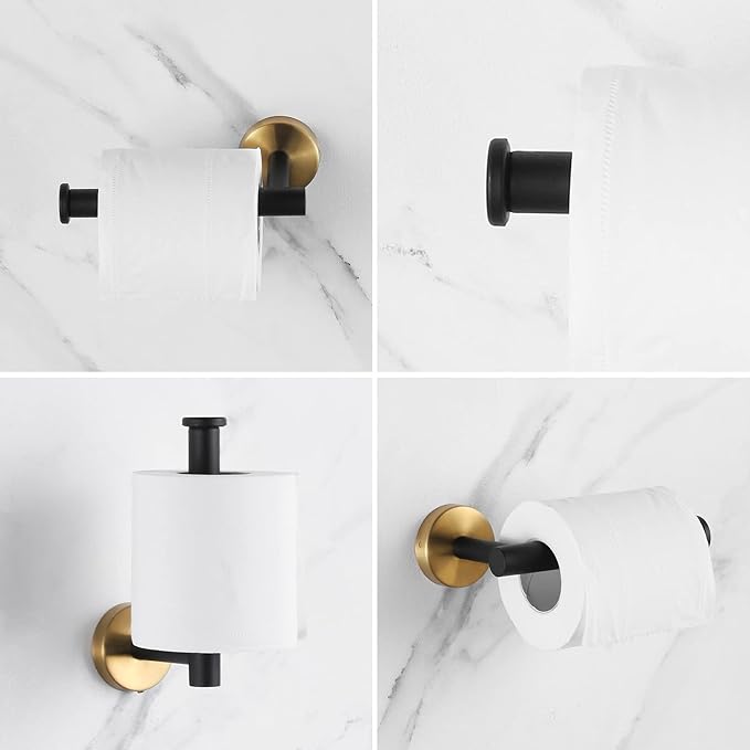 Bathroom Hardware Set Black and Gold,Towel Bar Set Including 2pcs 16inch Towel Bars, 2pcs Toilet Paper Holders, 2pcs Towel Rings and 4pcs Robe Towel Hooks