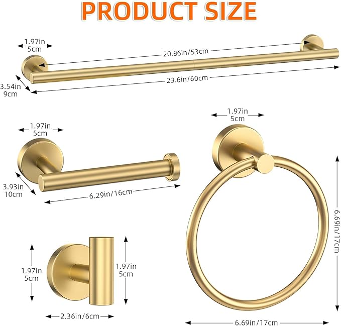 10-Piece Gold Bathroom Hardware Accessories Set-Brushed Gold Towel Bar Set,SUS304 Stainless Steel Towel Rack Set for Bathroom-Wall Mounted,23.6-Inch Towel Holder Set
