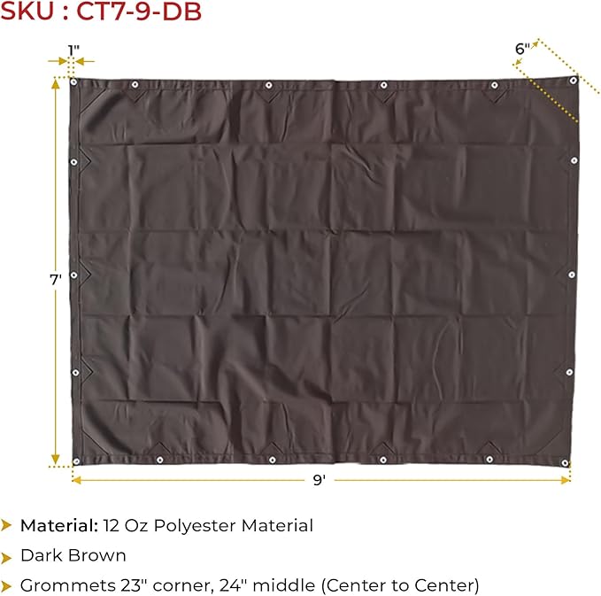 Mytee Products 7' x 9' Dark Brown 12oz Canvas Tarp with Grommets - Water Resistant - Heavy Duty Canvas Tarps - Multipurpose Tarpaulin Cover for Canopy Tent, Roof, Camping, Semi Trucks & Cargo