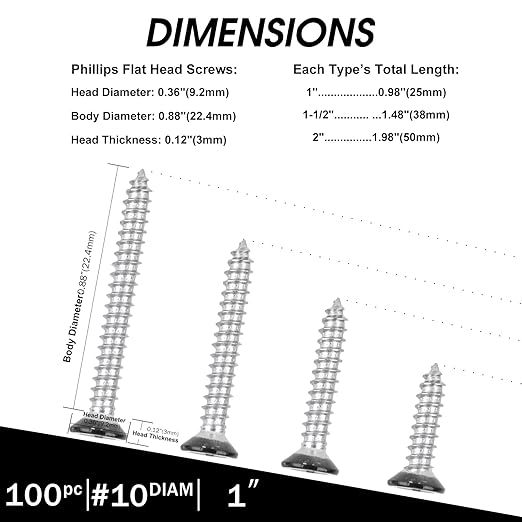 Black Head 100 PCS #10X1 Stainless Steel Phillips Flat Head Wood Screws,Stainless Steel 18-8 A2(304) Screw,Home Screw Kit by QISHENG