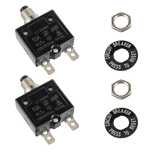 HUWREW 10 Amp Push Button Circuit Breaker 125-250V AC 50V DC L1 Series Manual Reset Thermal Circuit Breaker 10A Thermal Overload Protector (Pack of 2)