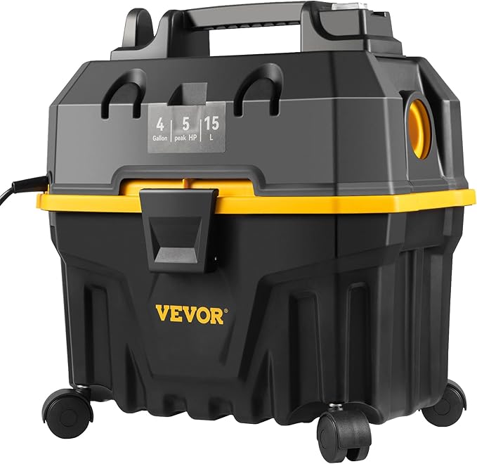 VEVOR Shop Vac Wet and Dry Vacuum Cleaner 4 Gallon 5 Peak HP - Powerful Suction with Blower Function & Attachments 3-in-1 Crevice Nozzle - Perfect for Car Carpet Debris Pet Hair Black/Yellow