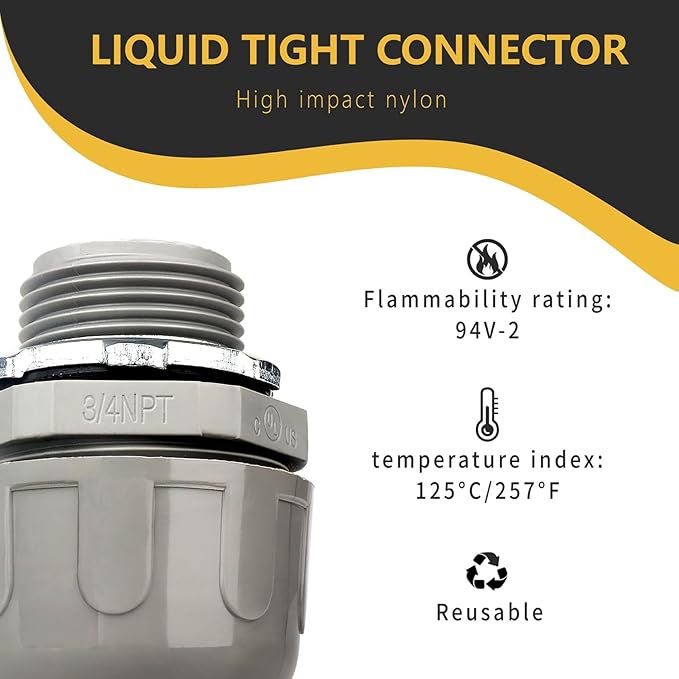 Conduit Connectors, 3/4 Inch Liquid Tight Connector NPT Non-Metallic for PVC Electrical Flexible Conduit Fittings, 180 Degree Straight, UL Listed for Home Outdoor Tubes Tools, Grey (150-Pack)