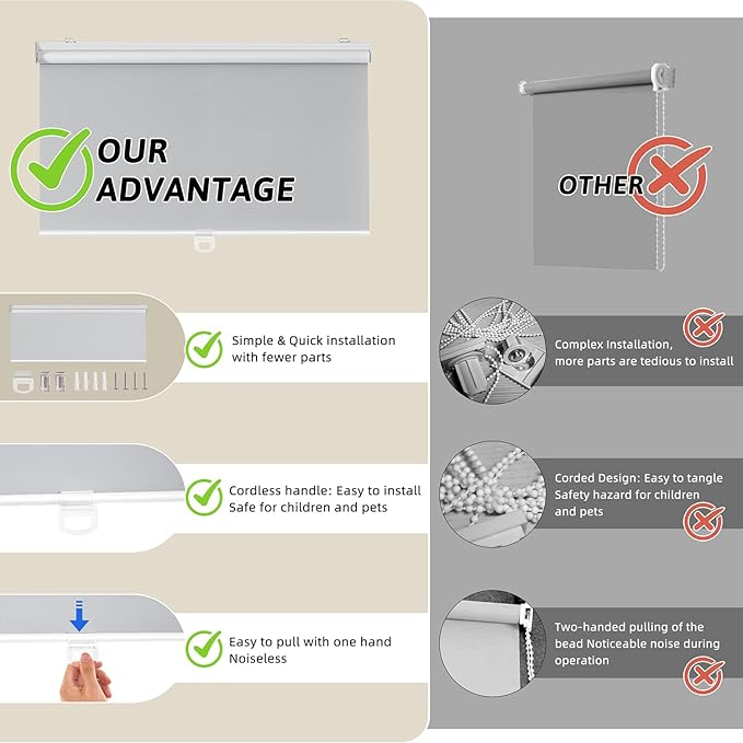 ChrisDowa Cordless Blackout Roller Shades for Windows, Thermal Insulated UV Protection Pull Down Shades, Total Blackout Window Blinds for Home, Office, Bedroom, Door (21" W x 72" H, Grey)