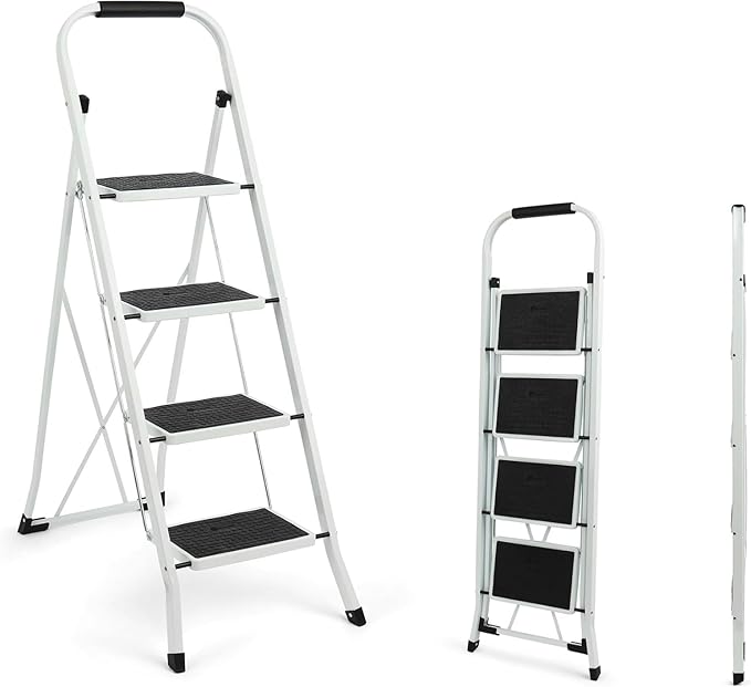 SIMPLI-MAGIC 4-Step Ladder, 350 LBS Capacity Folding Step Stool – Anti-Slip Wide Steps, Rubber Feet, Handgrip – ANSI Certified Lightweight & Durable Steel Stepping Stool for Kitchen, Home & Garage