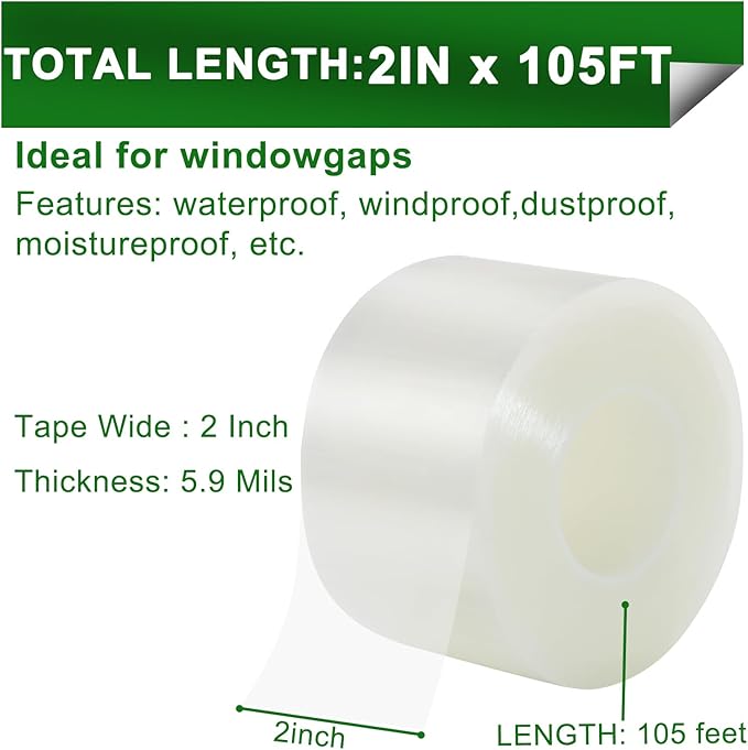 Transparent Window Weather Sealing Tape 2 Inch x 35 Yards Weather Stripping Residue Free Clear Window Draft Isolation Sealing Film Tape for Doors Windows and Shower Glass Gaps