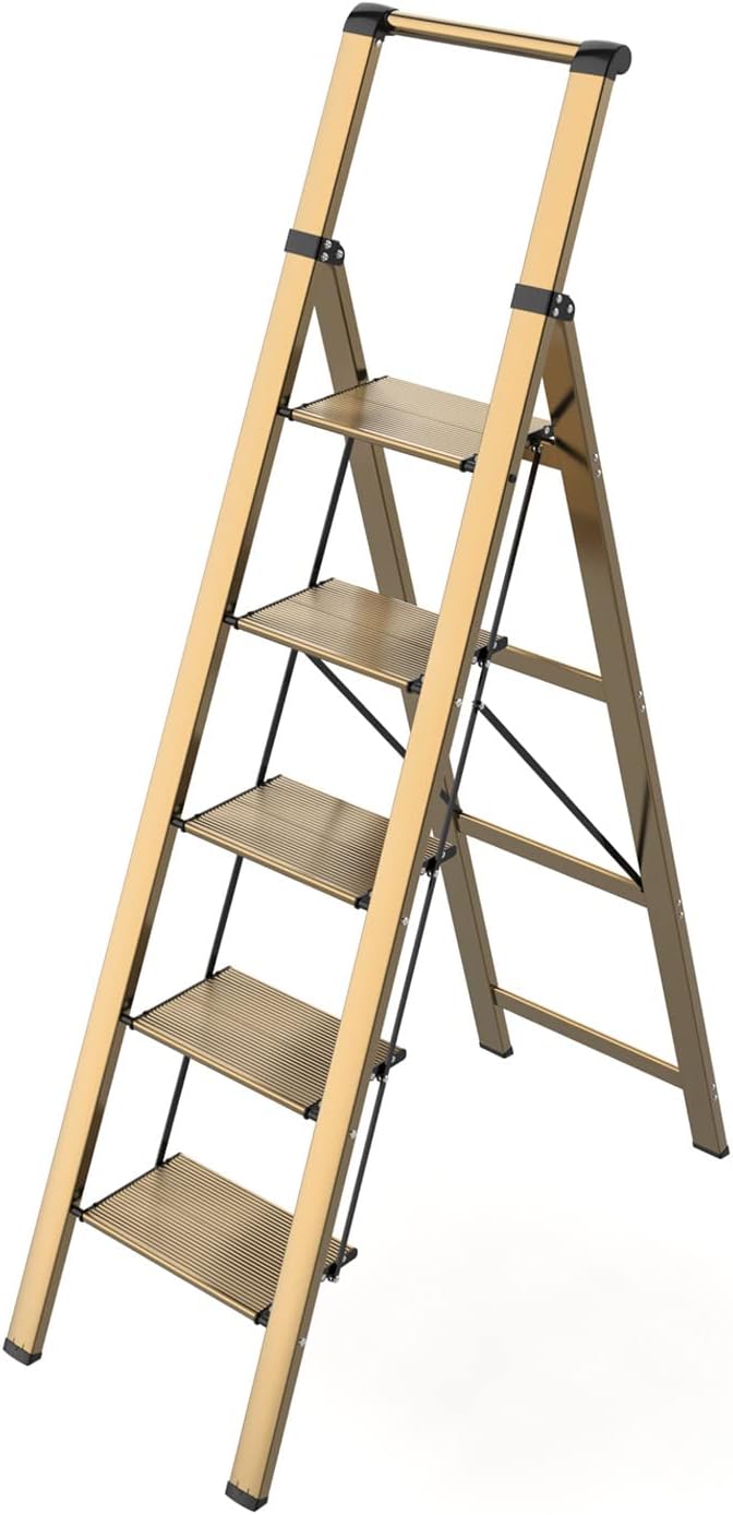 5 Step Ladder, Folding Step Stool, Lightweight Aluminum Foldable Ladder for 10 Foot High Ceiling with Anti-Slip Wide Sturdy Pedal and Handgrip, Multi-Use for Home (300 lbs Capacity) - Champagne Gold