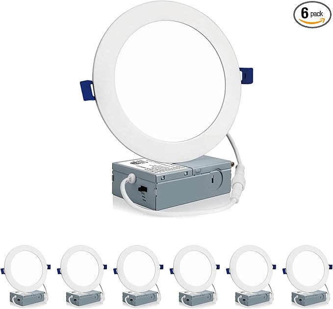 Meconard 6 Pack 6 Inch Ultra-Thin LED Recessed Ceiling Light, 3000K/4000K/5000K Selectable, Dimmable 12W=110W, 1050LM, IC Rated Can-Killer Downlights with Junction Box, ETL and Energy Star Listed