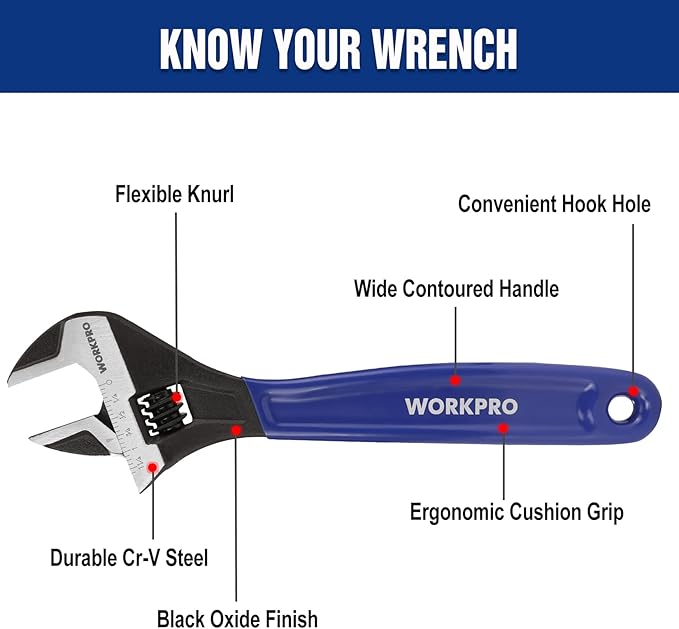 WORKPRO 2-Piece Adjustable Wrench Set, 6-Inch & 10-Inch Wide Jaw Black Oxide Wrench, Cr-V Steel, Metric & SAE Scales, Max Jaw Opening 15/16" & 1-5/16", for Home Repairs, Plumbing, Garage Work